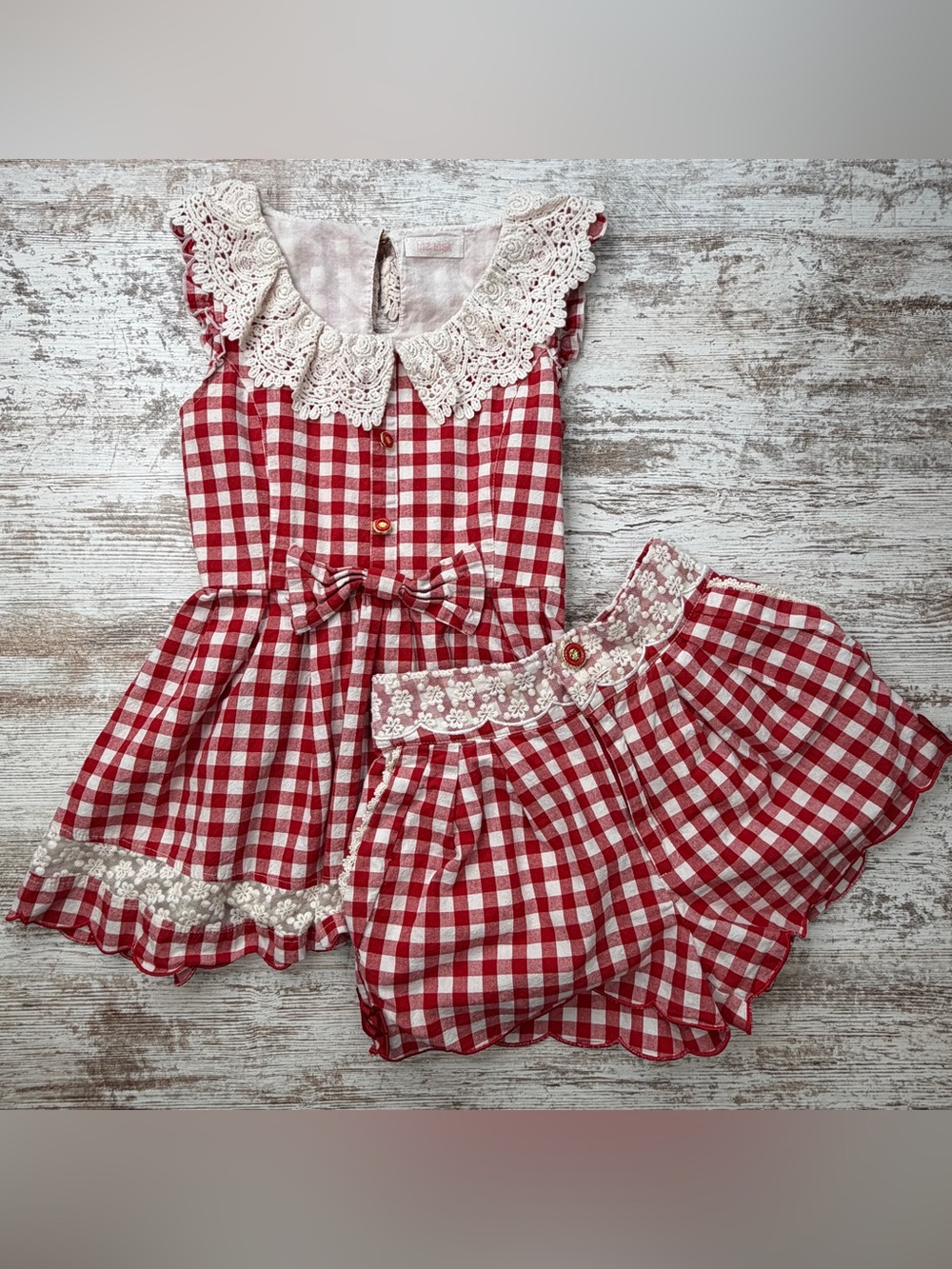 HTF RARE Liz Lisa Red & White Gingham Lace Trim Two-Piece Shorts Set GUC sz 0